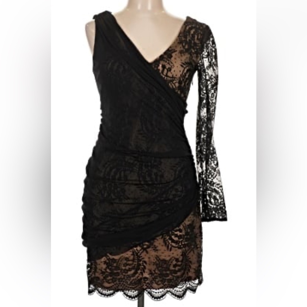 Zara Black and Cream One-Shoulder Lace Dress